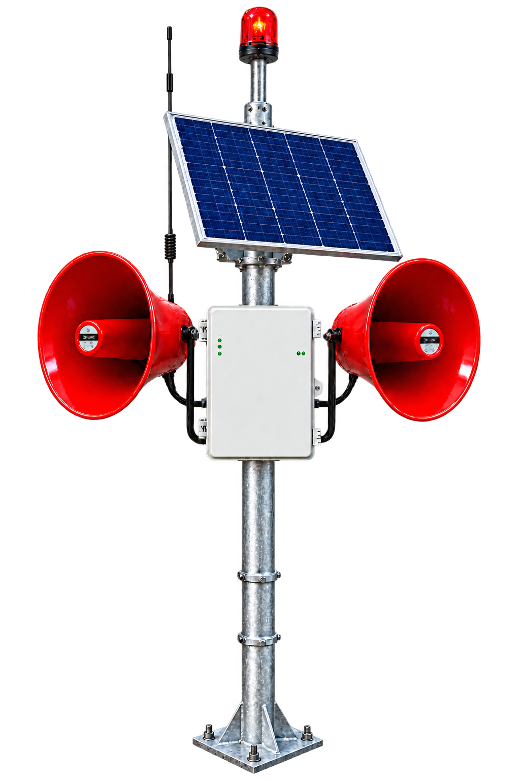 Terminal SAT instalada en el escenario, con panel solar, baliza y dos sirenas de alta potencia